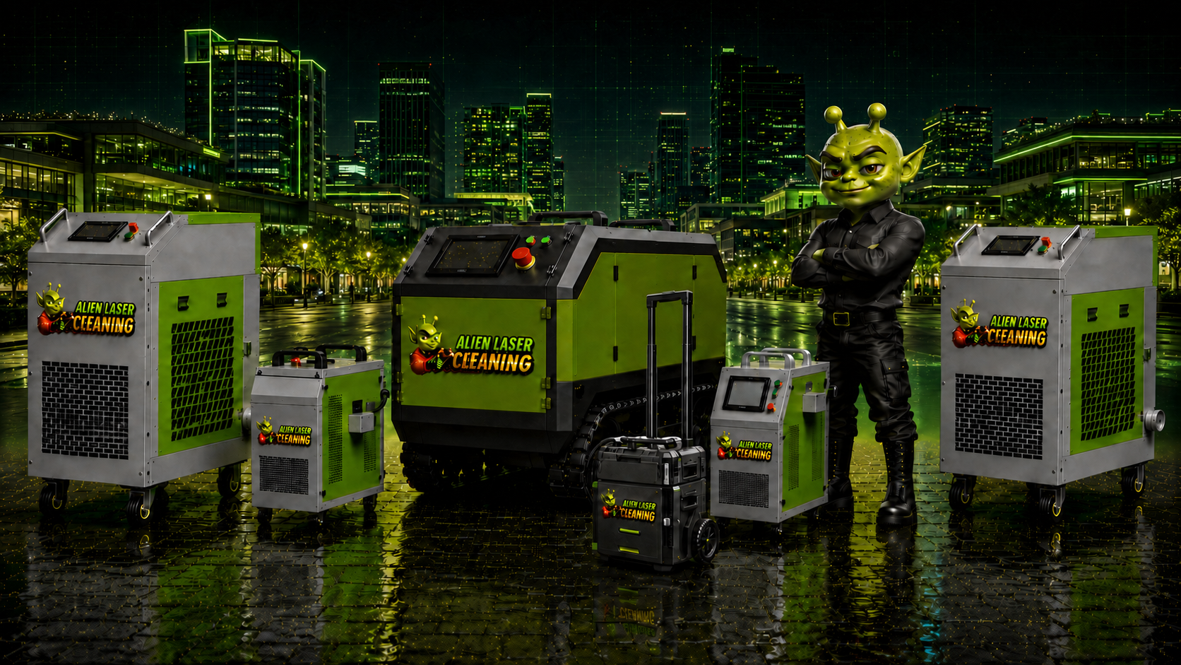 Laser cleaning machines and the Alien Laser Cleaning mascot in front of a futuristic Plano skyline